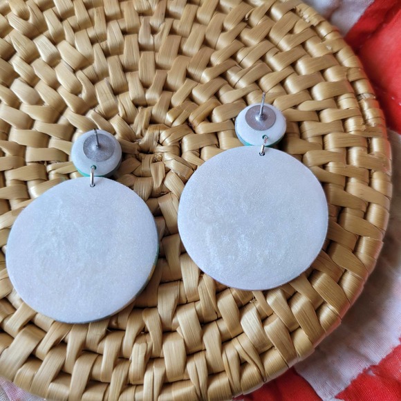 Patchwork Quilt Earrings Polymer Clay Circle - Picture 3 of 4